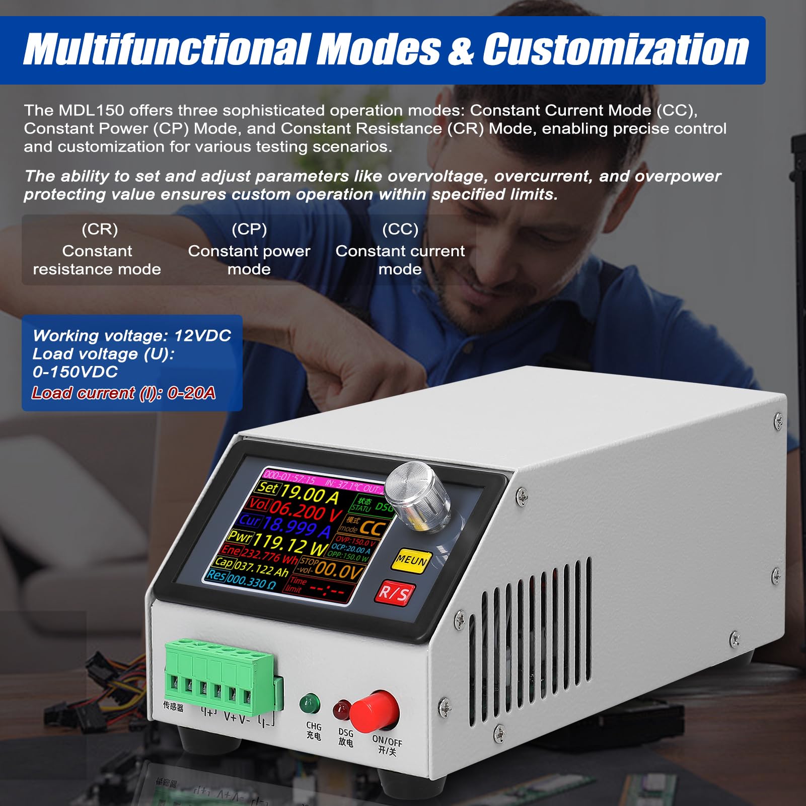 2,4-Zoll-Farbbildschirm Multifunktions-Elektroniklastunterstützung Konstantstrom-/Leistungs-/Widerstandsmodus mit Datenkalibrierung Mehrere Parametereinstellungsfunktionen
