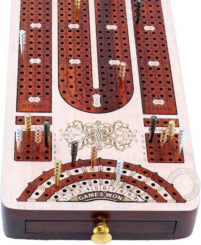 House of Cribbage - 4 Track Continuous Cribbage Board Inlaid in Bloodwood - Size: 13.5 Inches - Storage Drawer for Cribbage Pegs and Score Marking Fields for Skunks, Corners and Won Games