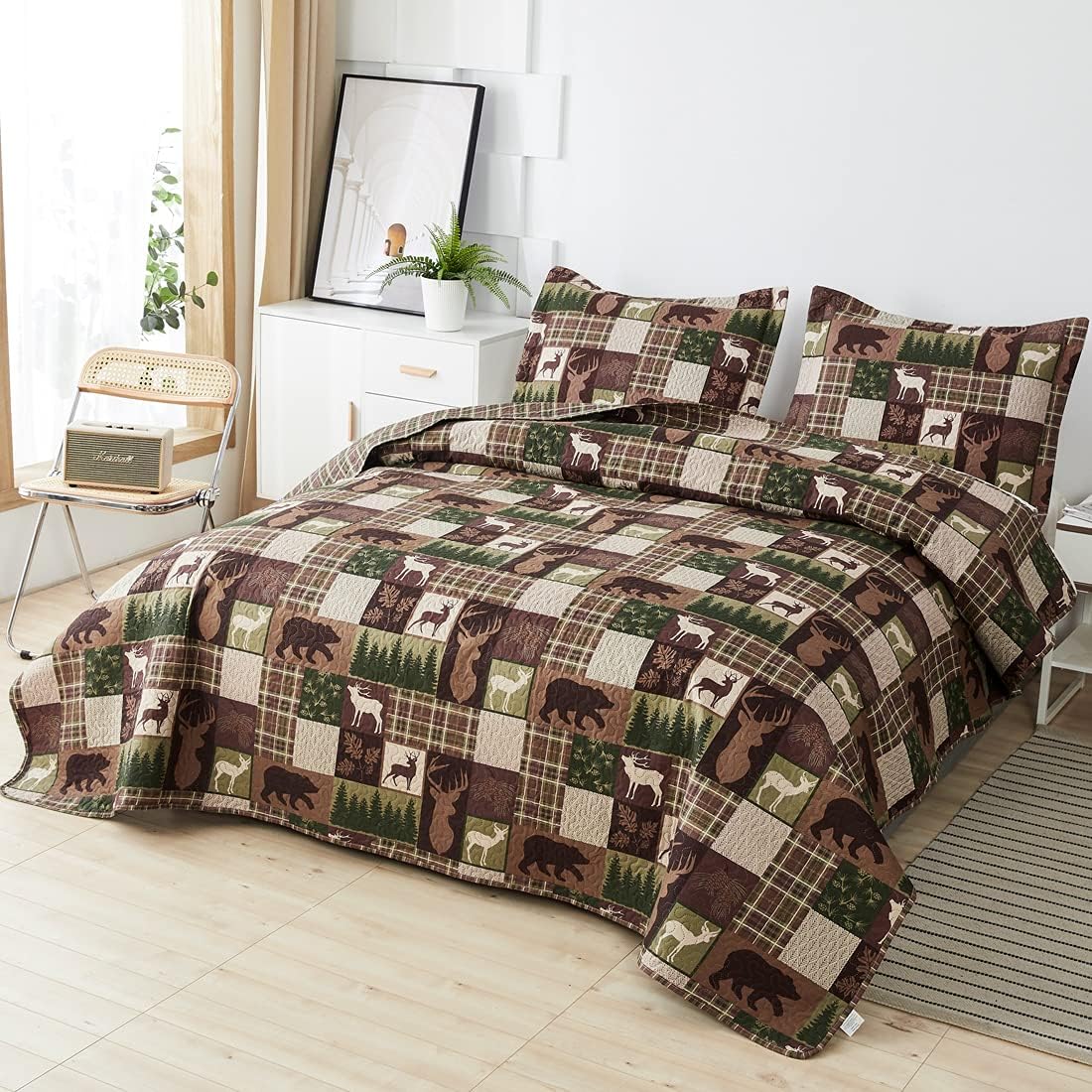 Oliven Reversible Lodge Plaid Bedding Moose Bear Quilt King Size Rustic Bedspread Cabin Coverlet Wildlife Forest Daybed Cover Summer Lightweight Bed Cover Pillow Shams - Image 2