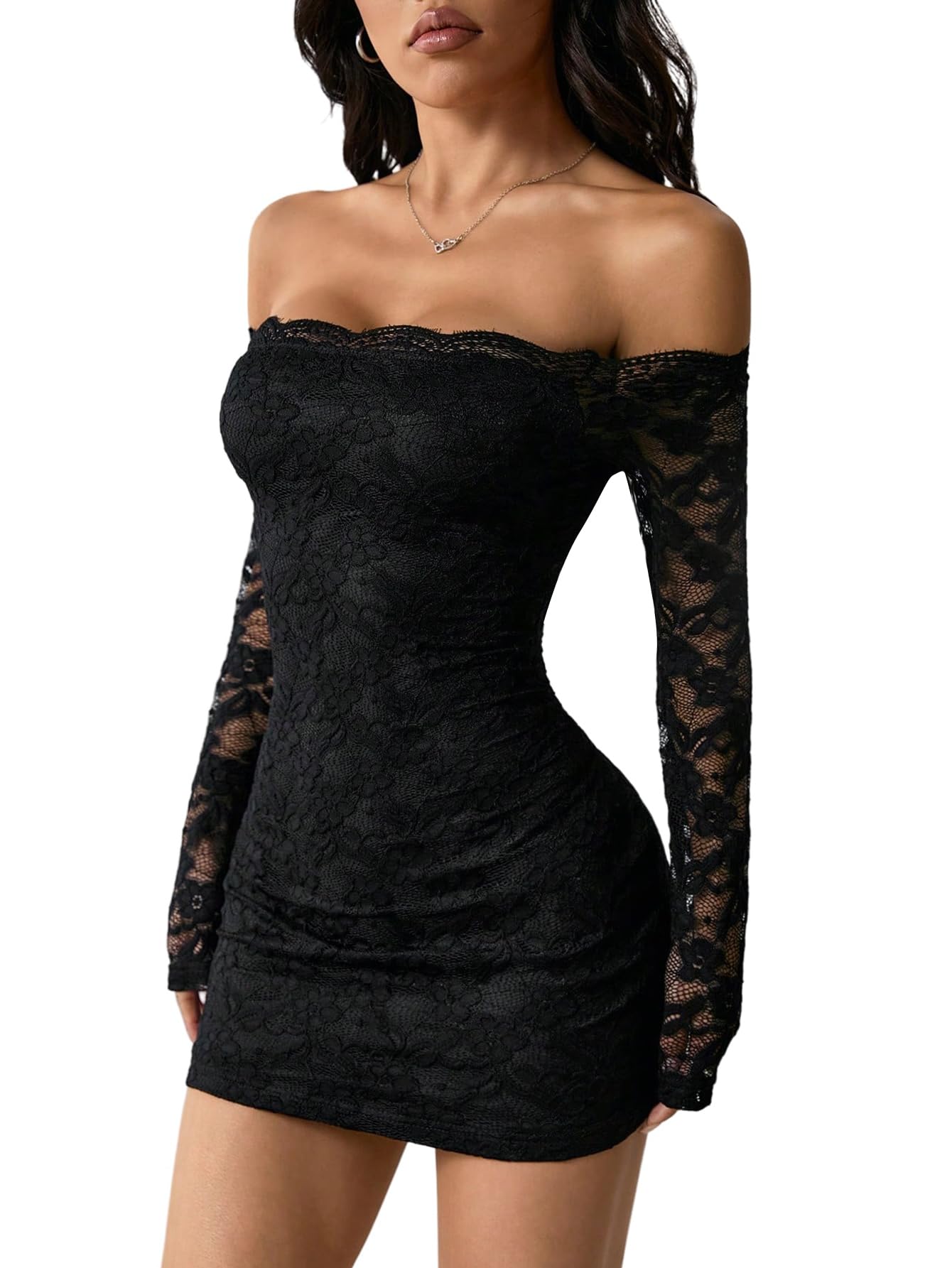 SweatyRocks Abito in pizzo da donna, elegante, a maniche lunghe, mini abito gotico, sexy, con spalle scoperte, in pizzo, per feste