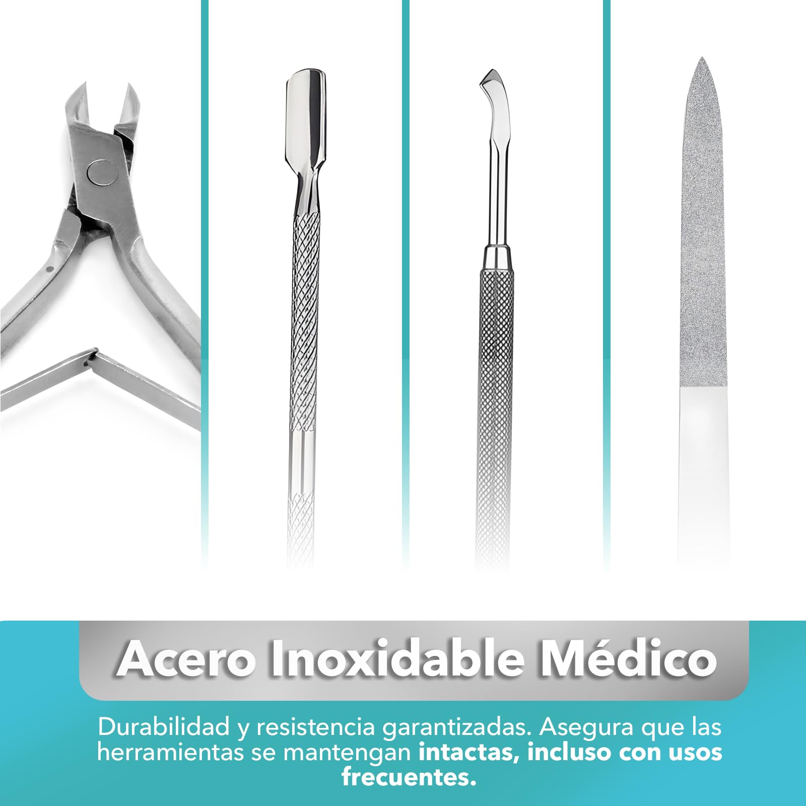 Set Manicura y Pedicura Profesional 4 en 1 – Cortacutículas, Lima de Uñas y 2 Empujadores de Cutículas de Acero Inoxidable – Kit Corta Uñas Adulto, Removedor de Cutículas, Ideal para Viaje