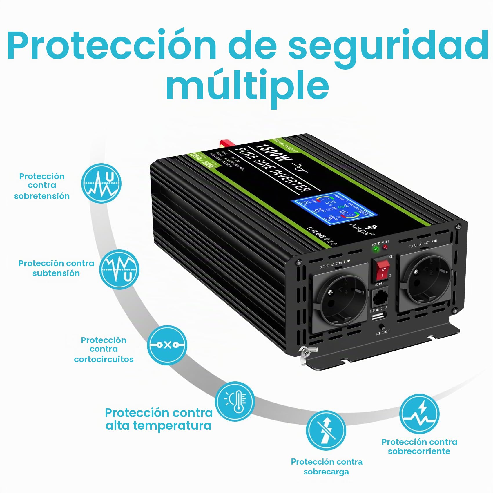 Novopal 1500W/3000W Inversor 12v 220v Onda Pura Convertidor de Voltaje | 5 m Mando a Distancia, LCD-Display+USB, 2 EU Tomas para Coche, Caravana, Barco, Camping