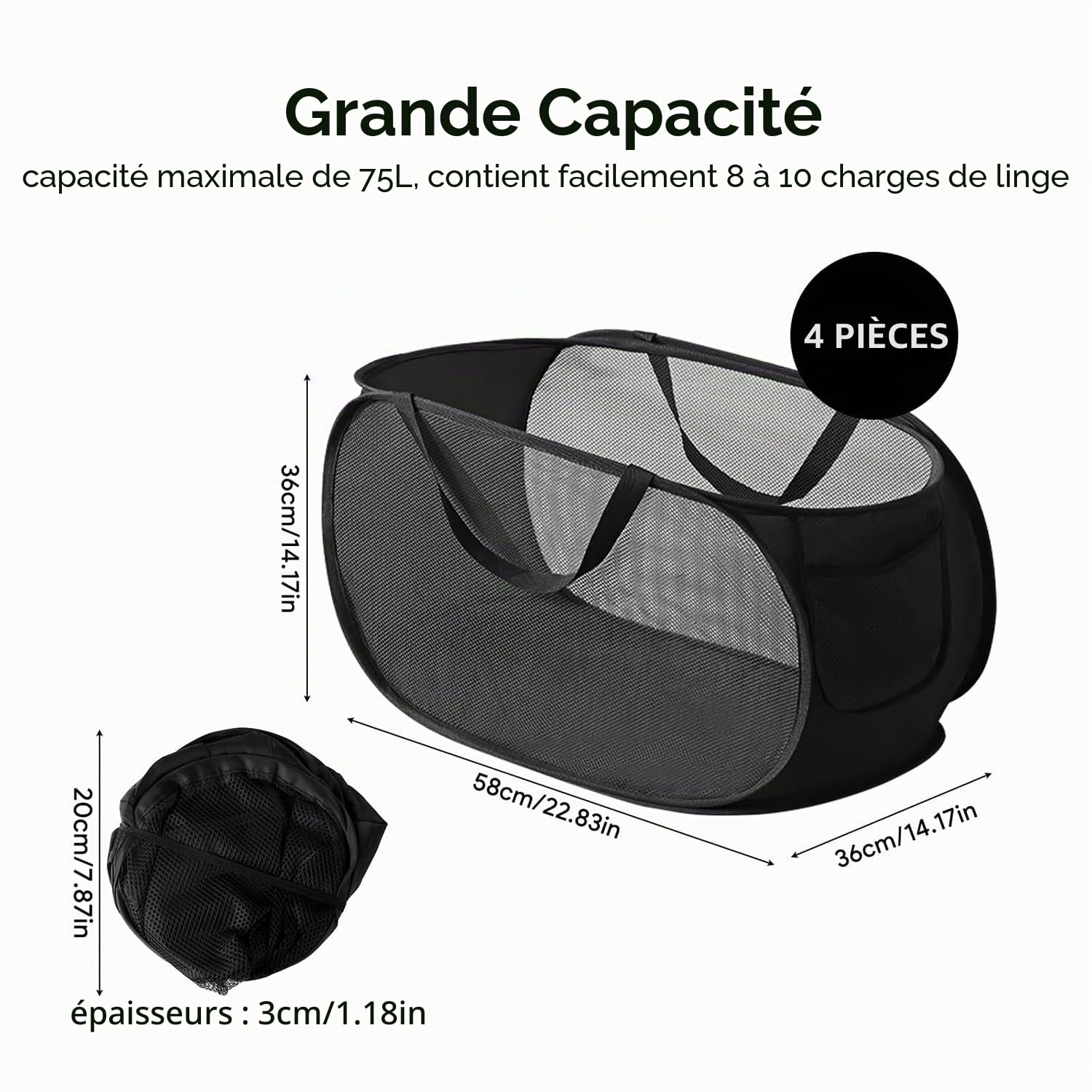 2 Pièces Panniers à Linge Pliable, 36 x 36 x 58 Cm, Pop Up Laundry Basket Hamper, Panier à Linge Pliable Pop-Up, En Maille Filet Avec Poignée, Pour le Changement Des Vêtements - Noir (Noir)