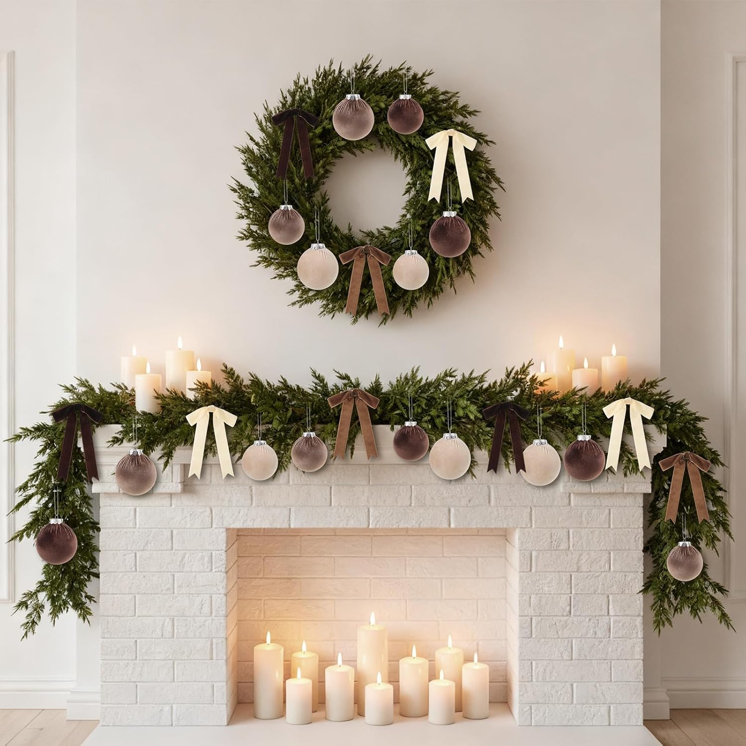 Riceshoot 44 Pcs Velvet Christmas Tree Ornaments Set Include 20 Christmas Balls and 24 Vintage Bows Multicolor Hanging Xmas Tree Ornaments Holiday Party Decorations (Brown,Neutral)