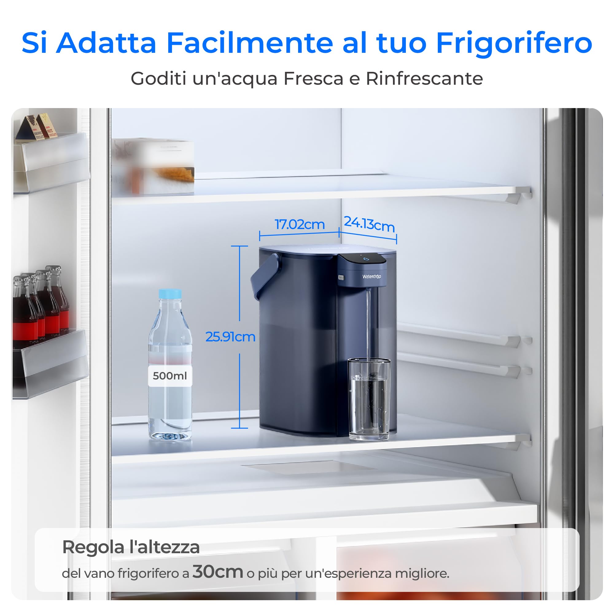 Waterdrop Caraffa filtrante elettrica istantanea con filtro per 3 mesi, sistema di filtraggio dell'acqua da banco da 3,5 l, riduce cloro, piombo, mercurio, riduce PFAS, PFOA/PFOS, 757 litri, blu (non