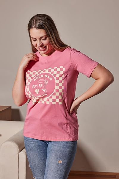 Giftifymama Stillshirt Damen Kurzen mit Reißverschluss Umstandsmode zum Stillen T-Shirts für Schwangere Stilltops Sommer - 3
