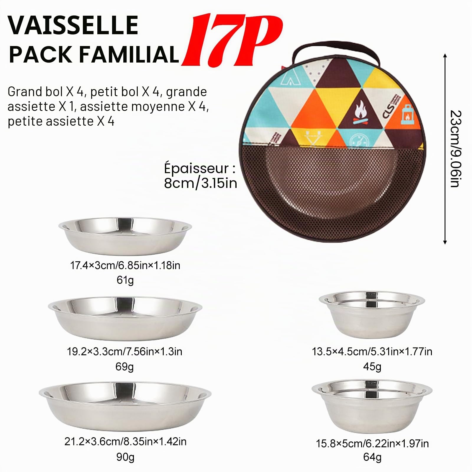 Kit de camping 17 pièces en acier inoxydable, comprenant bols, assiettes et sac de transport. Léger et compact, idéal pour le camping, la randonnée, les pique-niques et les voyages