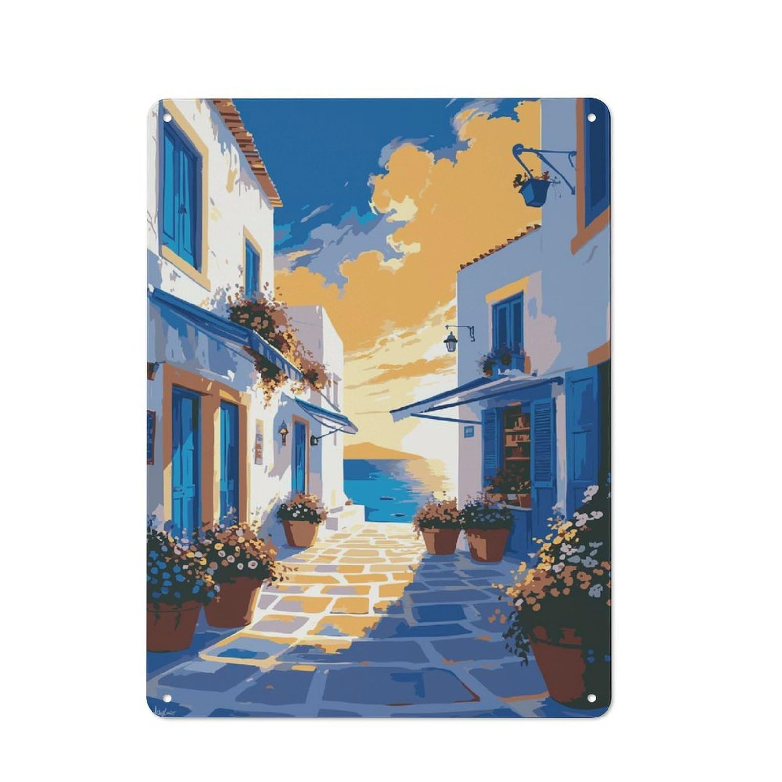 Junmoney Style-15 Retro-Style Tin Sign 40X30cm Featuring Greek Island Street Scene Painting For Hallway Wall, For Garage, Workshop And Man Cave Decoration
