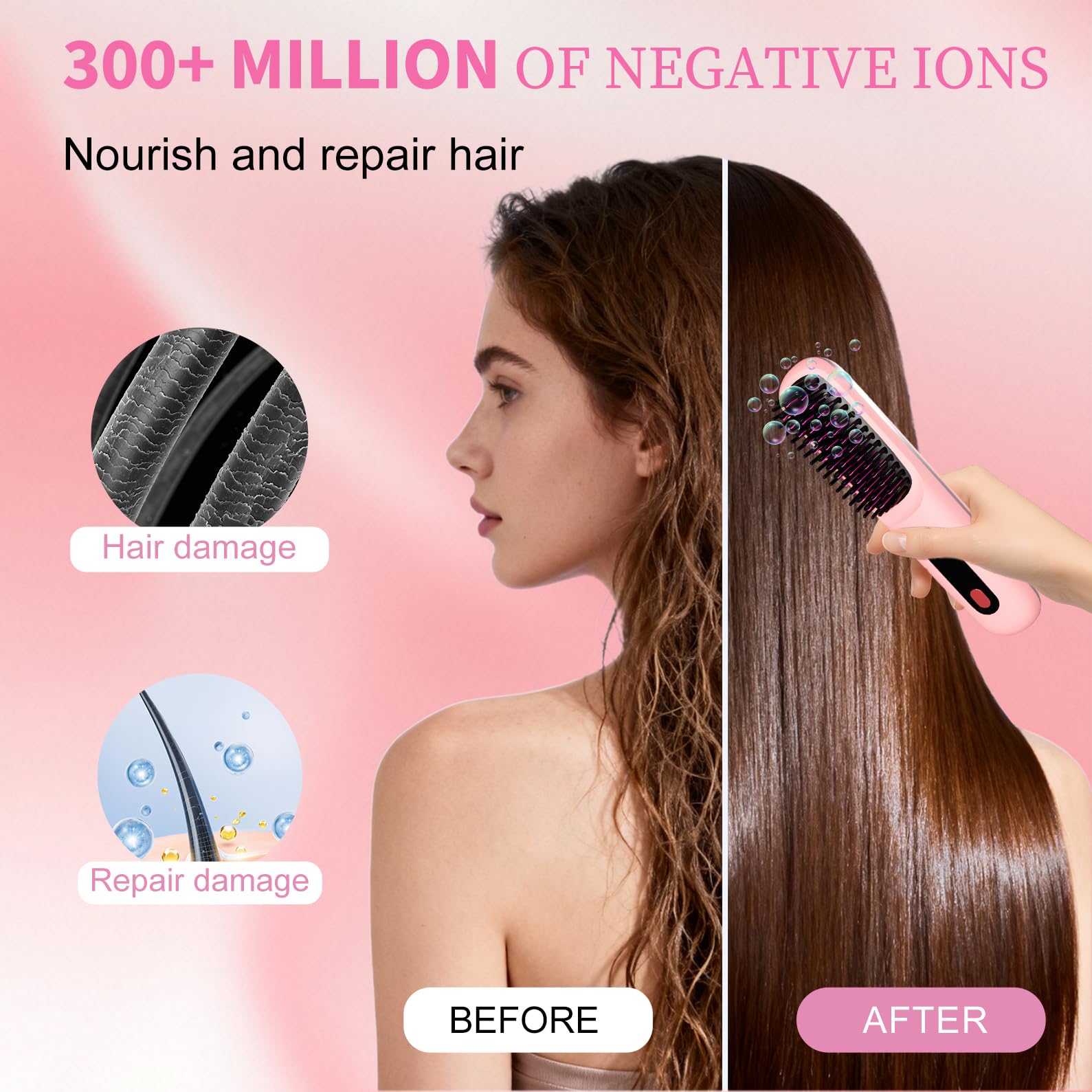 Go Brush Pro 2026, Portable Straightener Brushs for Travel, with LCD Temperature Display, Fast Heating Cordless Mini Hair Brushs (Pink) - 3