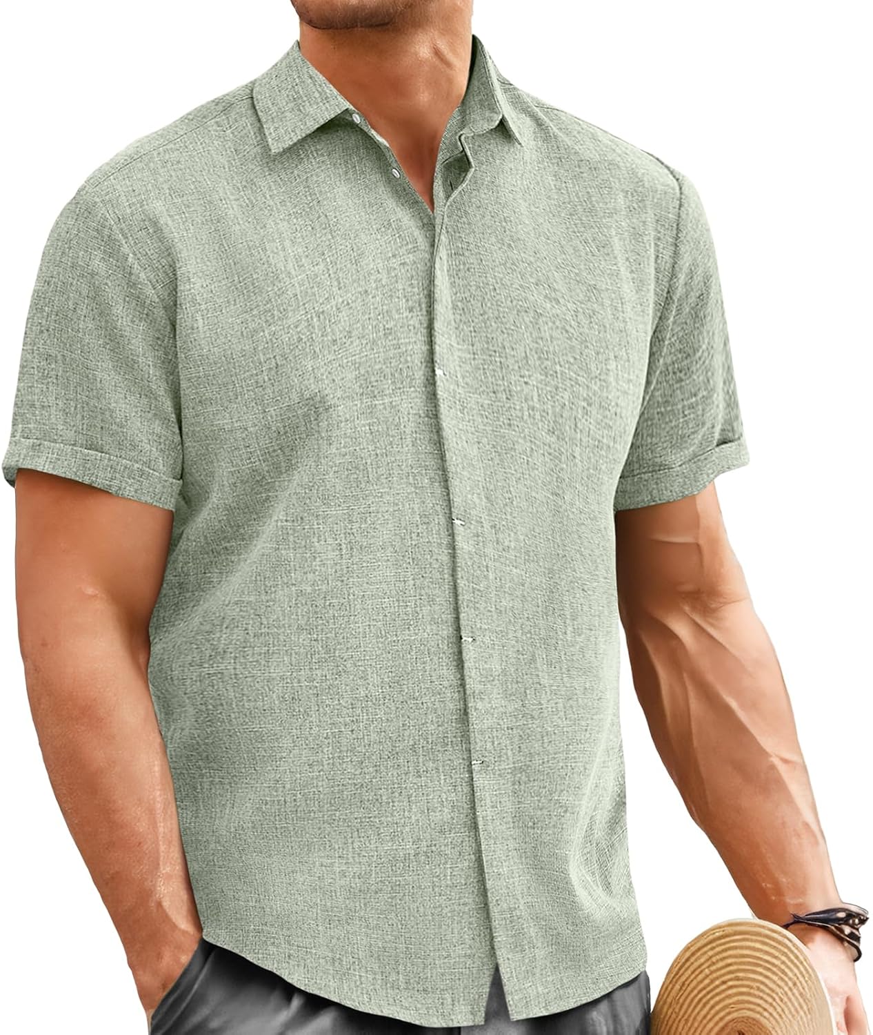 Mens Linen Shirt Classic Button Down Shirt Casual Short Sleeve Blouse Wedding Holiday Summer Tops Lightweight Tee