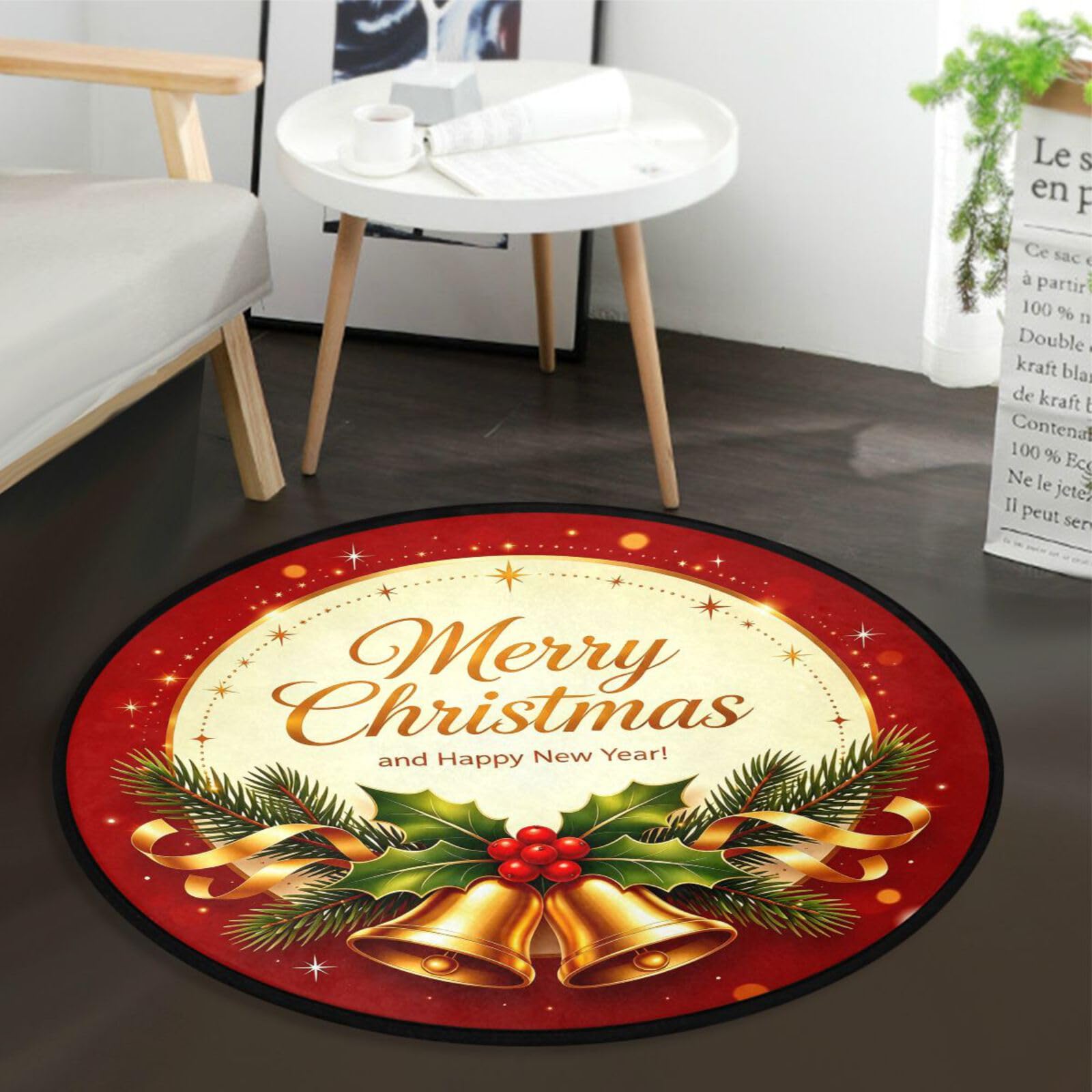 Christmas Bells Round Area Rug Soft Non Slid 3 ft Holly Berries Circular Carpet Floor Mat for Living Room Bedroom Dining Home Seasonal Holiday Decor
