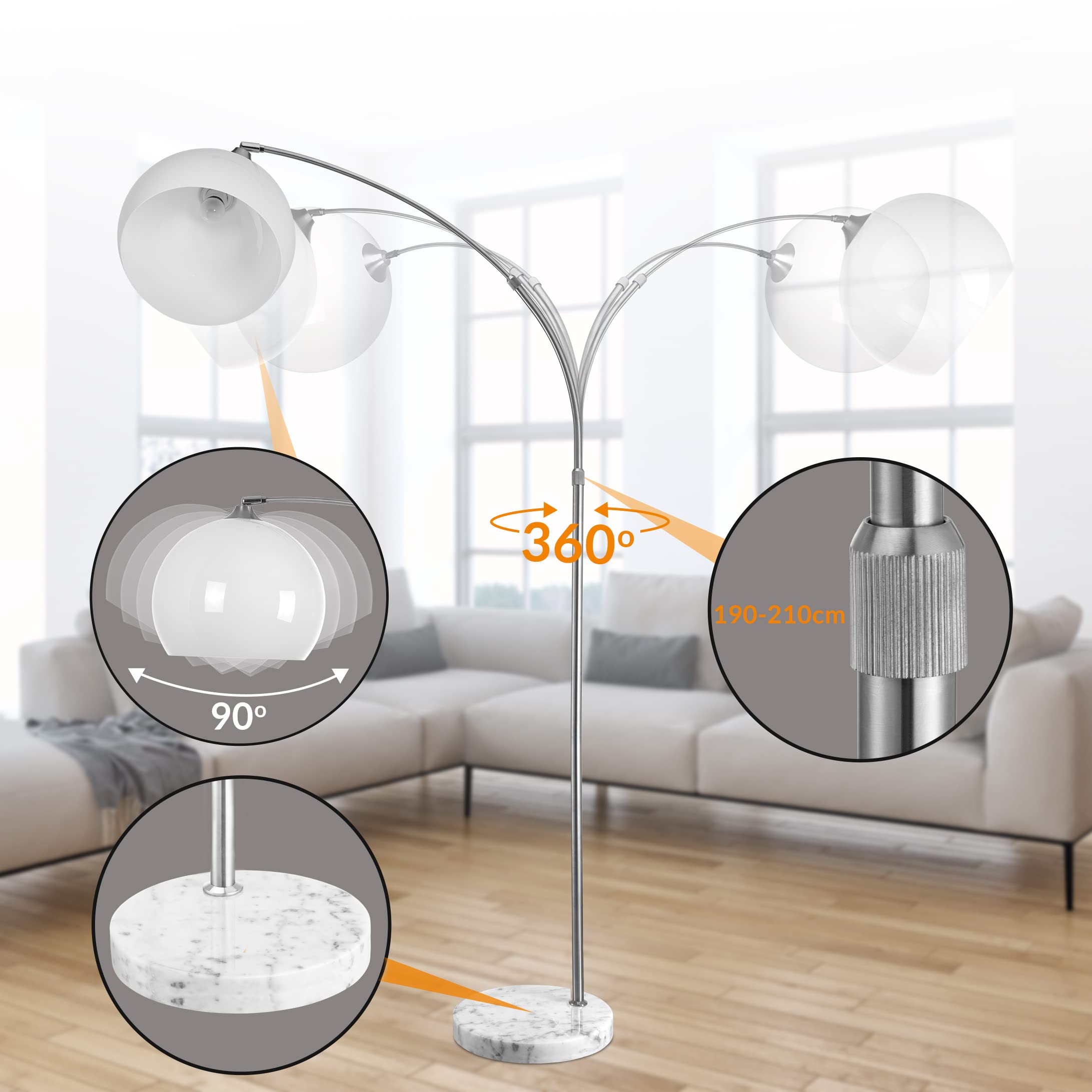 MONZANA® Bogenlampe Marmor 190-210 cm Höhenverstellbar Fußschalter Schwenkbar E27 Edelstahl 40W Wohnzimmer Schlafzimmer Stehlampe Standleuchte Weiß