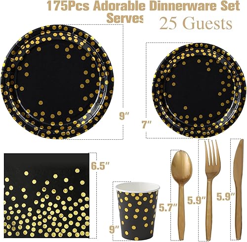 Miniatura 2 de 175 platos desechables, platos de papel para fiestas, el juego de vajilla incluye 25 platos llanos de 9 pulgadas de diámetro, 25 platos de postre de