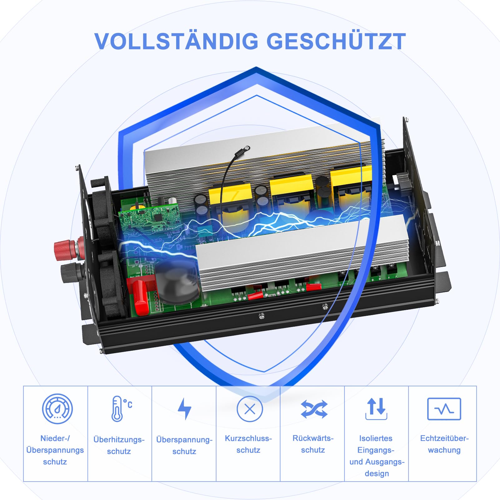 OUBOTEK Omvormer, 1000 W/2000 W, 12 V DC naar AC 230 V, met draadloze afstandsbediening, lcd-display, 2 AC-uitgangen, 2 USB A en 1 type C, spanningsomvormer voor camper, thuis
