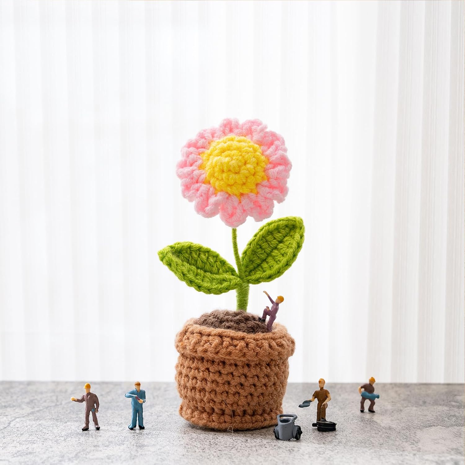 Handmade Crochet Flowers, Small Potted Plants, Knitted Desk Decorations for Home Office Decor, 5 Inches Pink Artificial Flower (Sunflower) - Image 4
