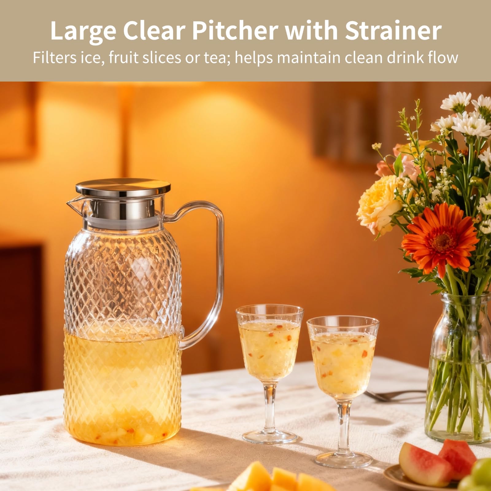 2 Stk. 1,8 L Wasserkaraffen, durchsichtiger Krug mit Edelstahldeckel und Siebeinsatz, Kühlschrank-Getränkekanne für Eistee Saft Sangria Limonade Kaffee, hitzebeständig mit ergonomischem Griff