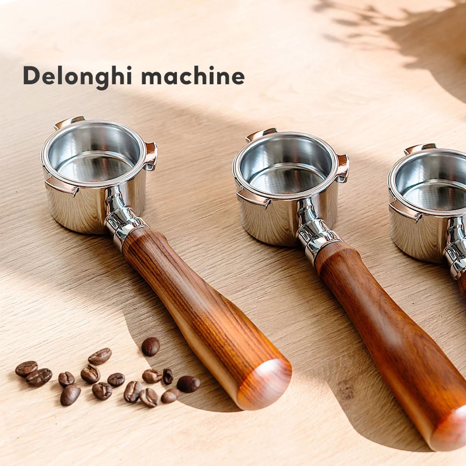Portafiltro sin fondo de 54 mm compatible con Breville BES870/BES878/BES875/BES880, portafiltro de 3 orejas para cafetera Breville Espresso, mango de madera incluido cesta de filtro