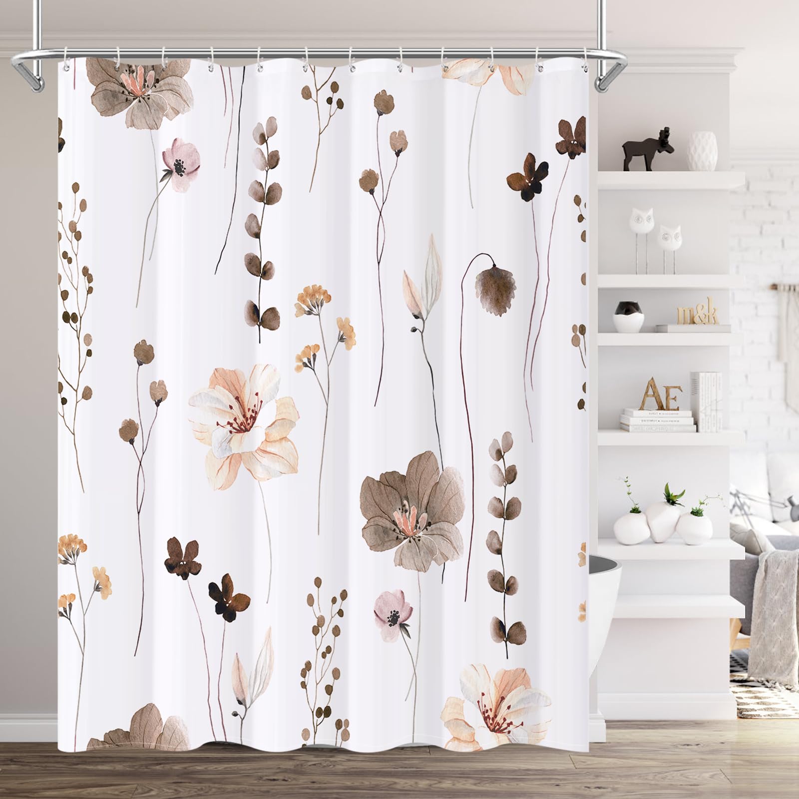 XZTXBest Watercolor Floral Shower Curtain, Brown Beige Flower Bath Curtain for Bathroom, Modern Minimalist White Bathroom Curtain, Mildew Resistant, Weighted Hem, with 12 Hooks 180x180cm โ image 1