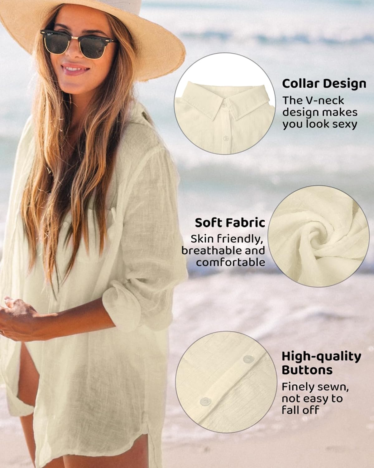 CoCozy Bathing Suit Cover Ups for Women, Long Sleeve Swimwear Button Down Shirt Dress Swimsuit Bikini Beach Cover Up - Image 4