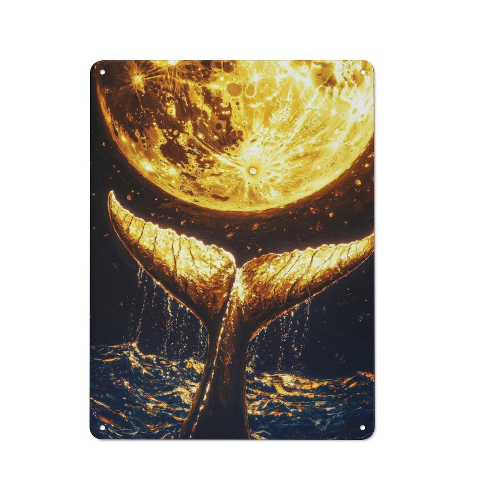 Junmoney Golden Whale Tail And Moon Casual Metal Wall Decor 40X30cm, Tin Sign For Greenhouse, Garden Room, Cafe Or Entryway