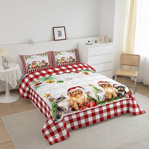 Miniatura 3 de Edredón de Navidad para niños, tamaño matrimonial, juego de ropa de cama Kawaii con perros y gatos, juego de ropa de cama de regalo de Navidad,