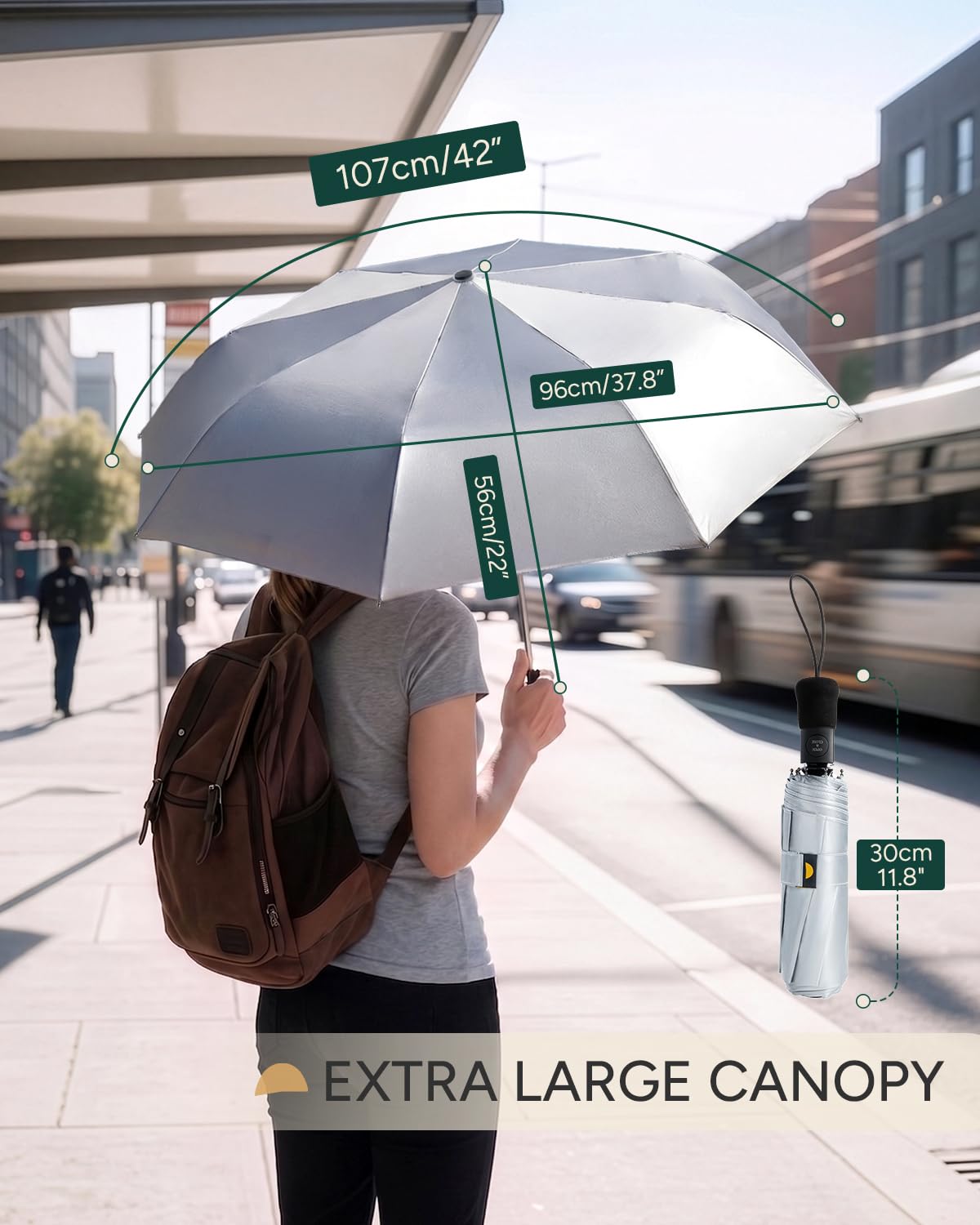 Ombrello Parasole Anti UV UPF 50+, 106/116cm Argento Ombrello Pieghevole Antivento Compatto, Leggero Sotto 390g con Apertura Chiusura Automatica, Ombrello da Viaggio Portatile