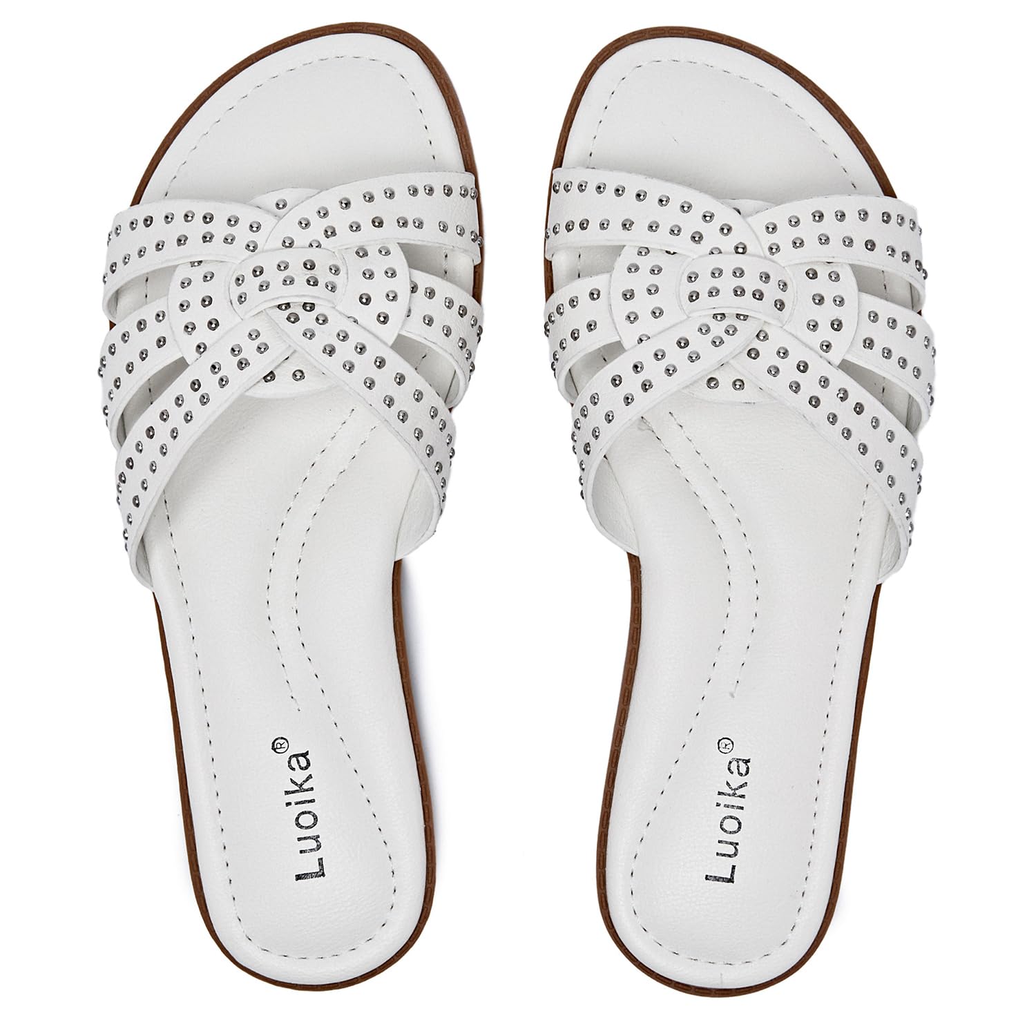 Luoika Women's Wide Width Flat Slides Sandals, Strapy Slide Sandal Slip on Dressy Summer Shoes for Women.