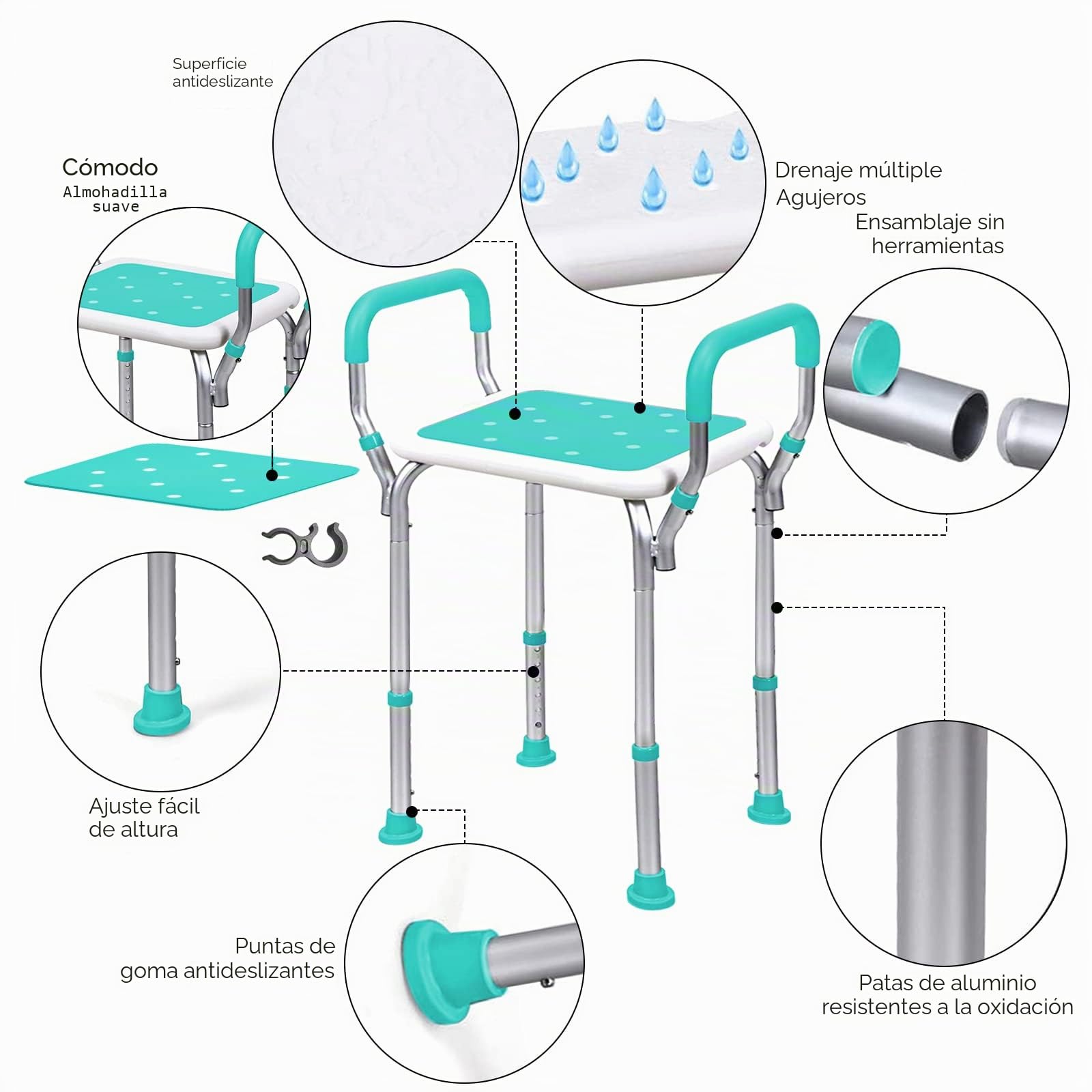 Sgabello per Doccia, con Braccioli Panca Da Doccia Regolabile Da 6 Altezza Sedia con Telaio Largo Piedini In Gomma Antiscivolo Carico MAX 150kg - Ausilio Supporto per Anziani