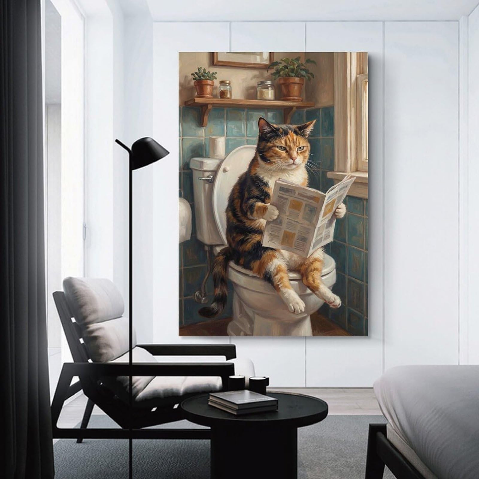 Junmoney Unframe-Style-24 Calico Cat Reading Newspaper On Toilet Canvas Wall Decor, 20X30inch(50X75cm), For Wall Displays, Bedrooms Or Room Updates, Wall Decor Suited To Curated Displays