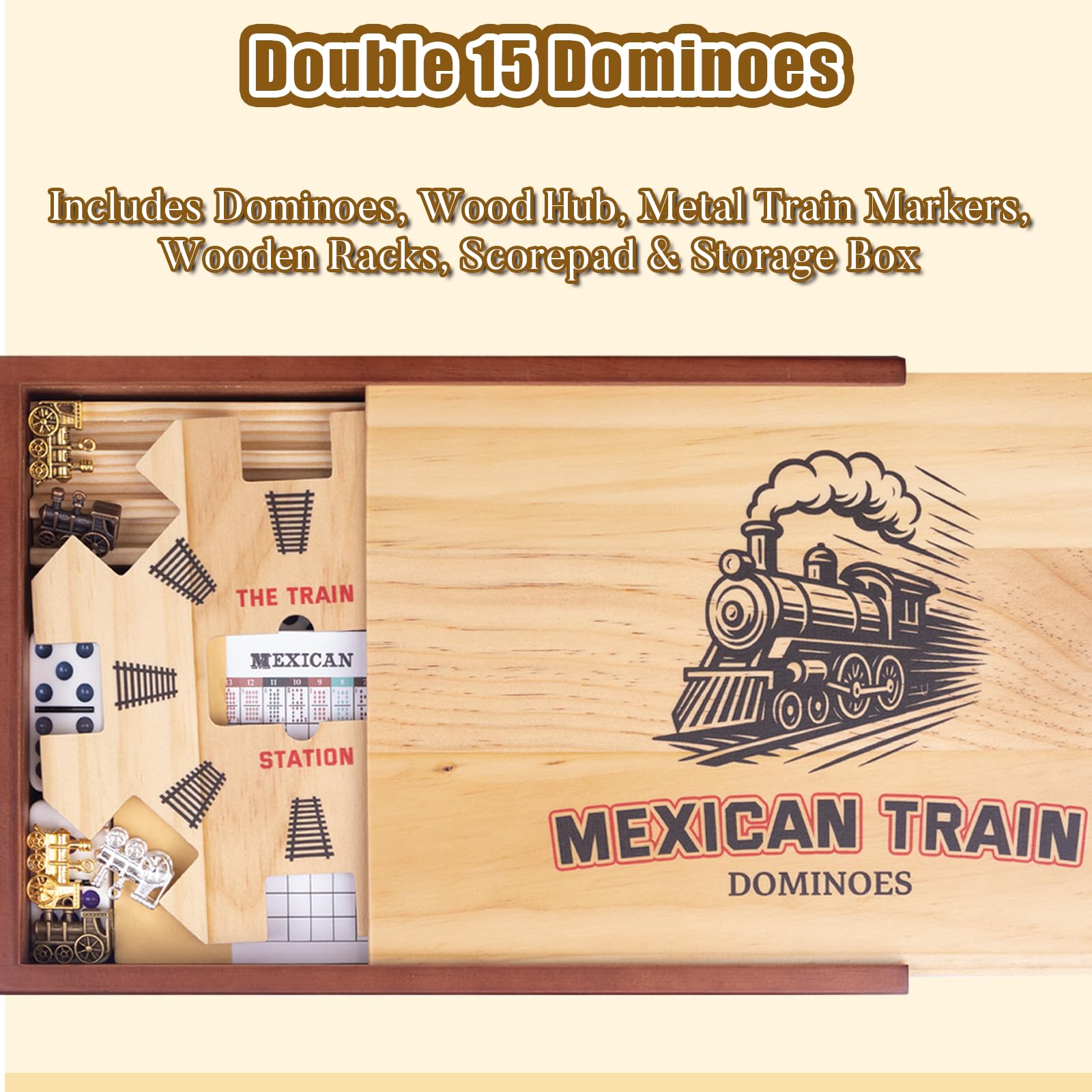 Extguds Mexikanischer Zug Set Doppel 15 - Holzfliesen für Erwachsene, Reise Mexikanischer Zug Spiel mit 136 Spielsteinen, Holznabe, 8 Metalleisenbahnmarkierungen & Scorepad, und 8 Fliesenhalter
