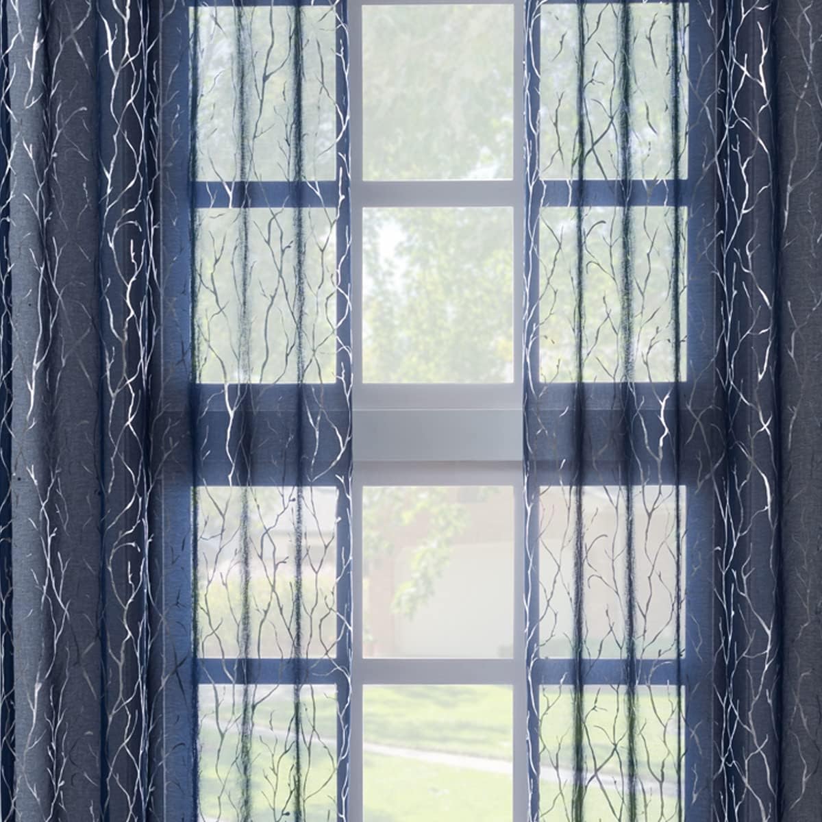 Kotile Branch Sheer Curtains - Metallic Silver Tree Pattern Printed on Blue Sheer Curtains 84 Inch Length Grommet Top Privacy Drapes for Living Room, 52 x 84 Inch, 2 Panels, Blue
