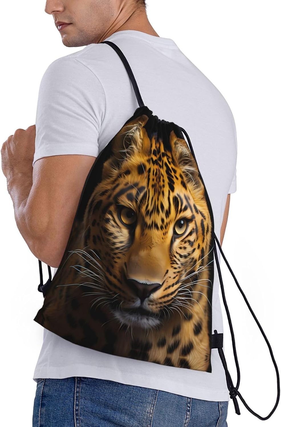 The deep-eyed leopard Foldable drawstring backpack, lightweight storage bag - large-capacity fitness travel bag image 2