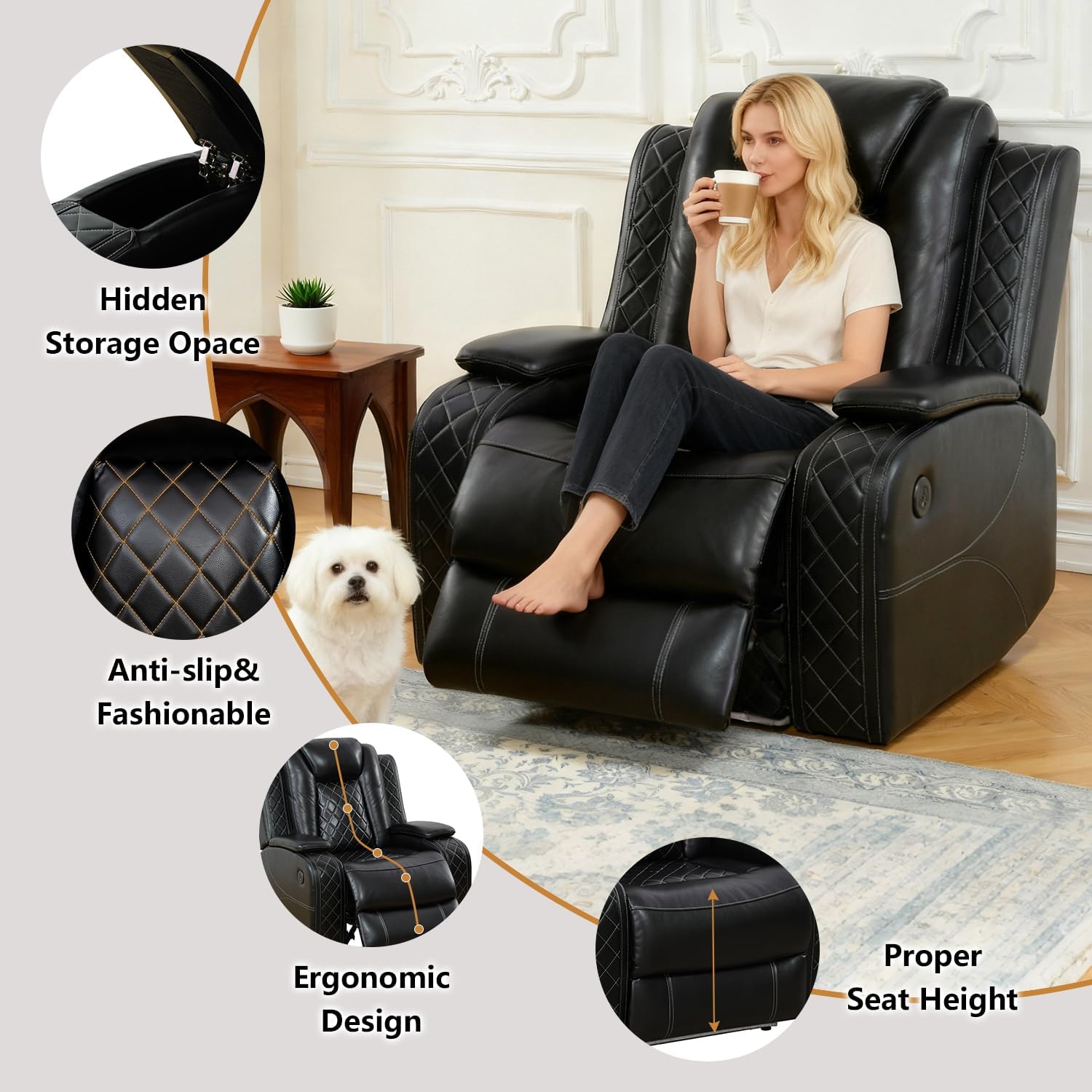 Power Leather Recliner Sofa Set with LED Light,Reclining Couch Set with USB Charger/Cup Holder/Storage,Leather Couch for Living Room Furniture Sets(3+2+1 Seats,Black)