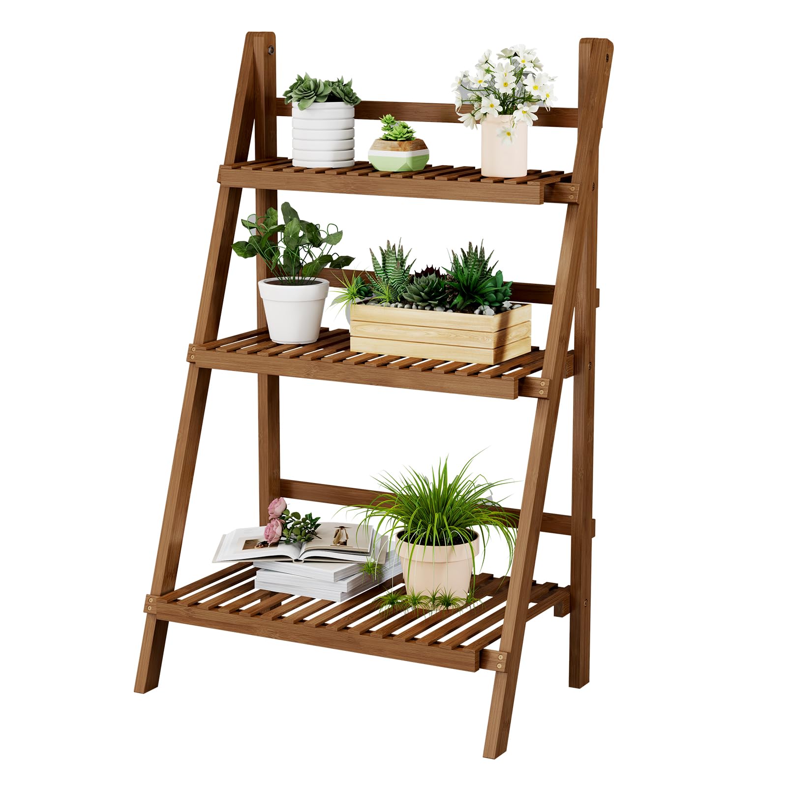 39.4" Bamboo Ladder Shelf Plant Shelf, 3 Tier Foldable Ladder Flower Pot Display Shelf Rack, 23.6"W x 15"D x 39.4"H, Freestanding Bookshelf for Garden