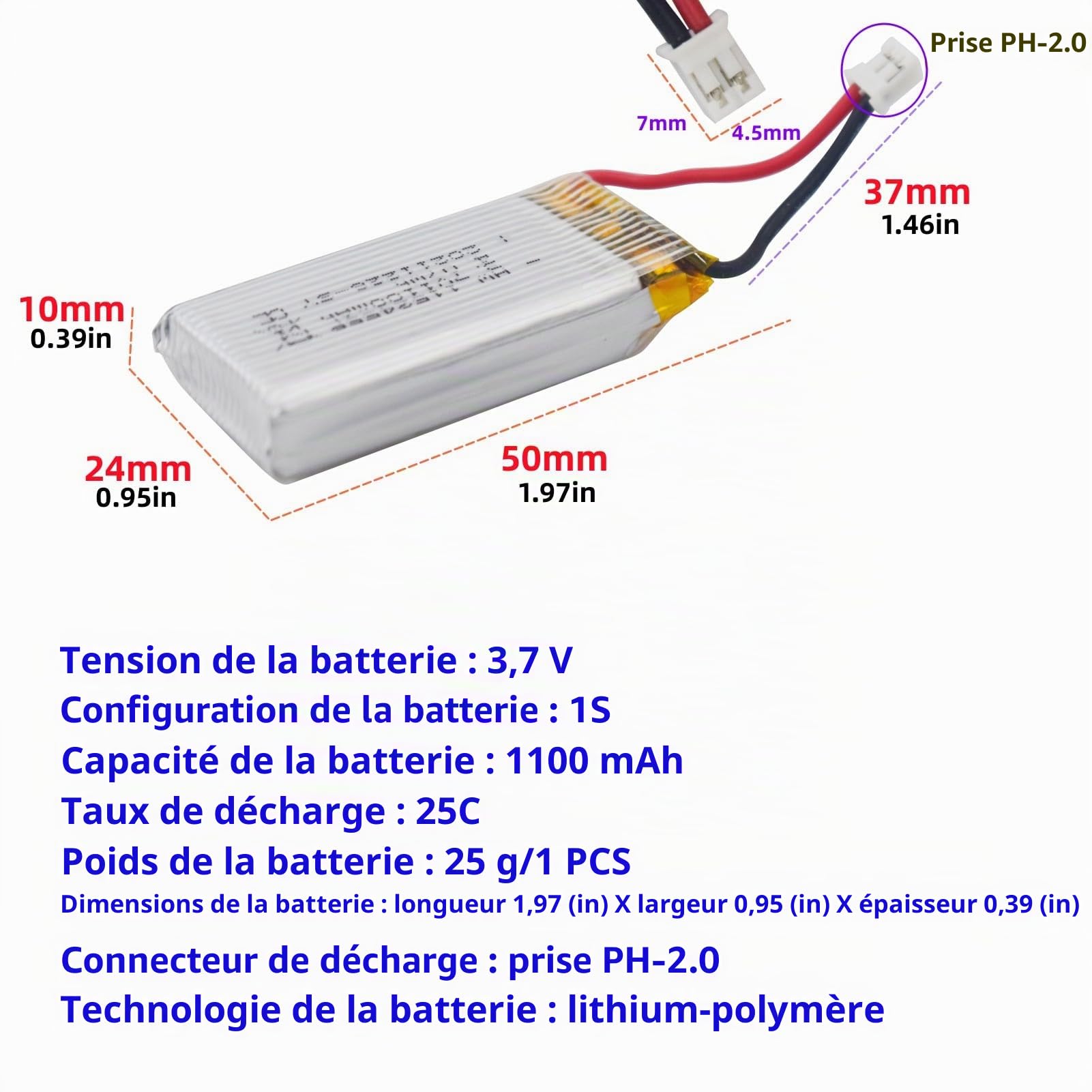 5PCS 1S 3.7V 25C 1100mah PH2.0 Plug Batterie LiPo avec 1PCS 5 in1 Charger pour Avion RC Quadcopter Batterie de Secours pour Drone RC et Voiture RC
