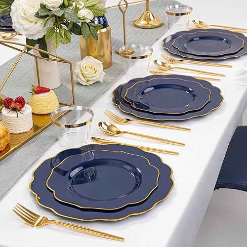 Miniatura 9 de BUCLA 180 platos de Acción de Gracias, platos de plástico blanco y dorado con diseño de bambú, cubiertos desechables y vasos de plástico, vajilla de