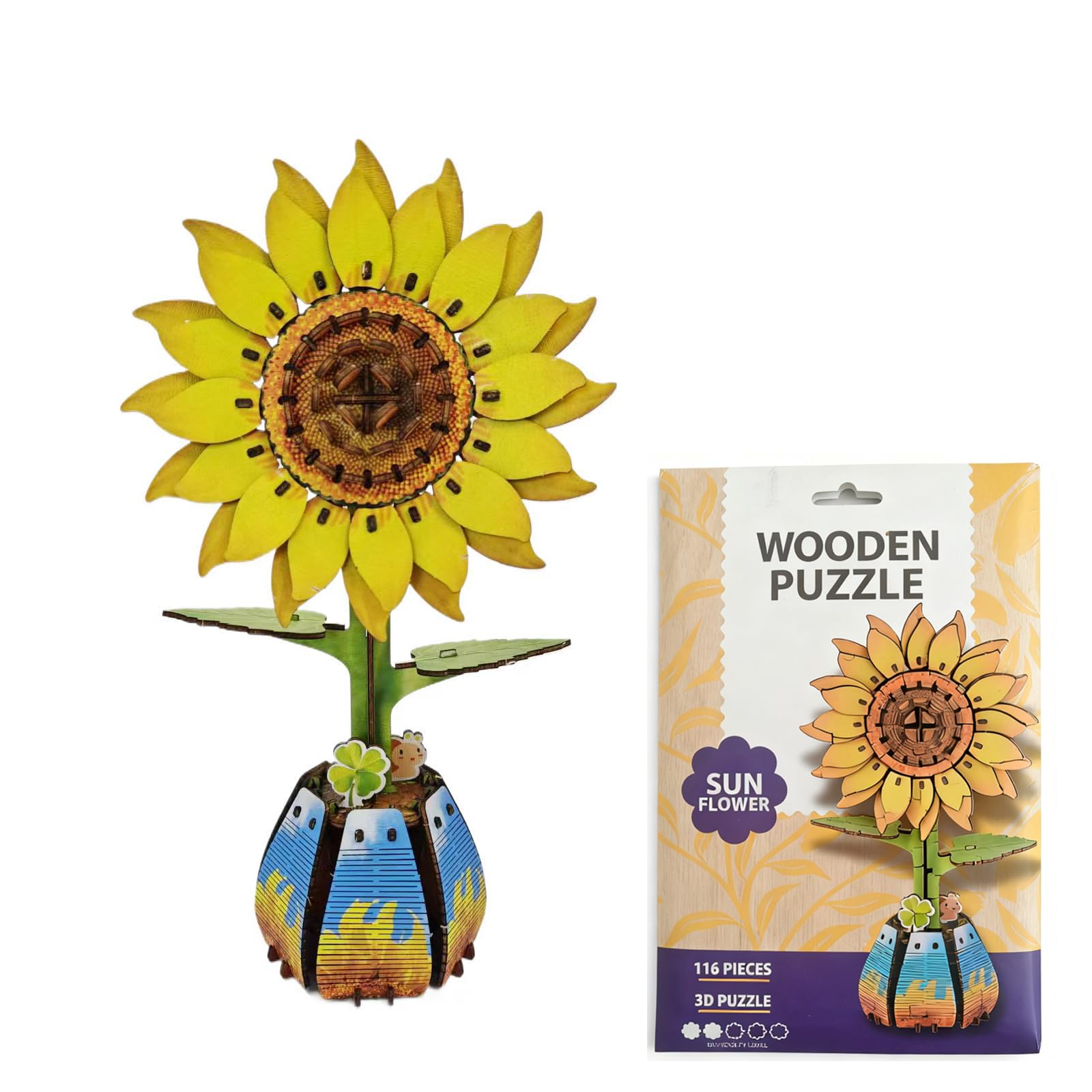 3D Wooden Flower Puzzle, DIY Craft Building Blocks for Adults Valentine's (Sun Flower), Small (12cm x 10cm)