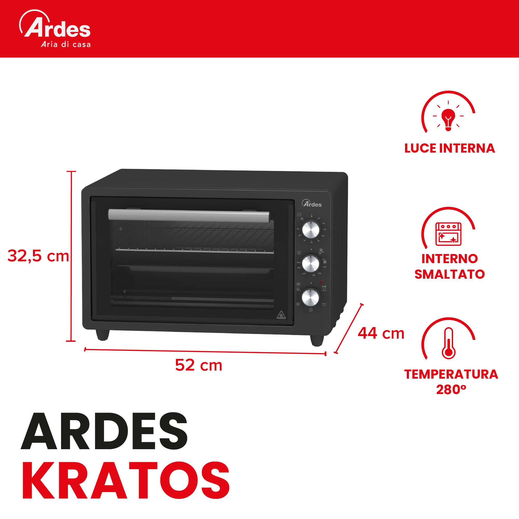 Ardes KRATOS 37L Forno Elettrico Ventilato 37 Litri con 5 Modalità di Cottura, Termostato 40-280°C, Timer 90 Minuti, Luce Interna e Doppio Vetro