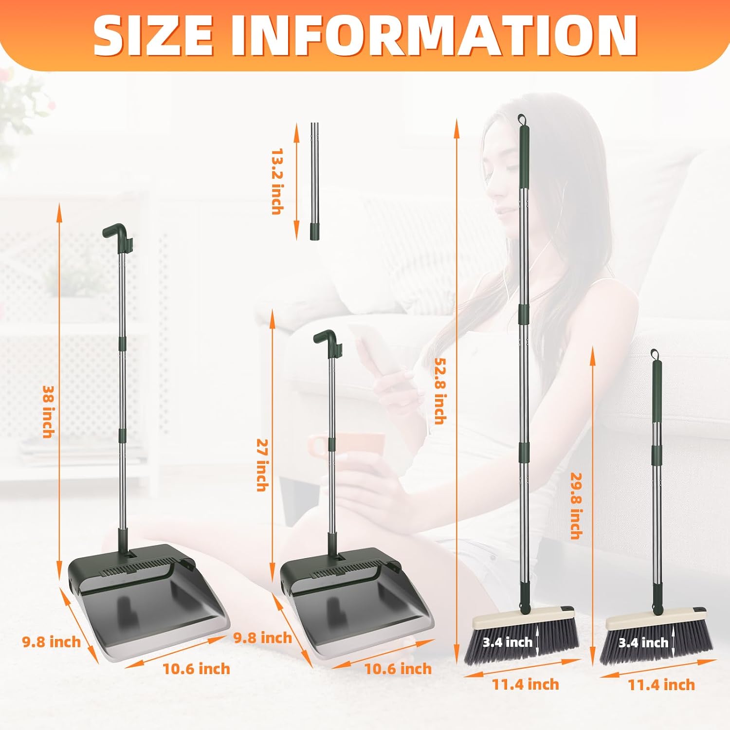 Broom with Dustpan Combo Set, Heavy Duty Standing Metal Dust Pan with Teeth, Indoor Outdoor Up for Home Kitchen Lobby Room Office, Green