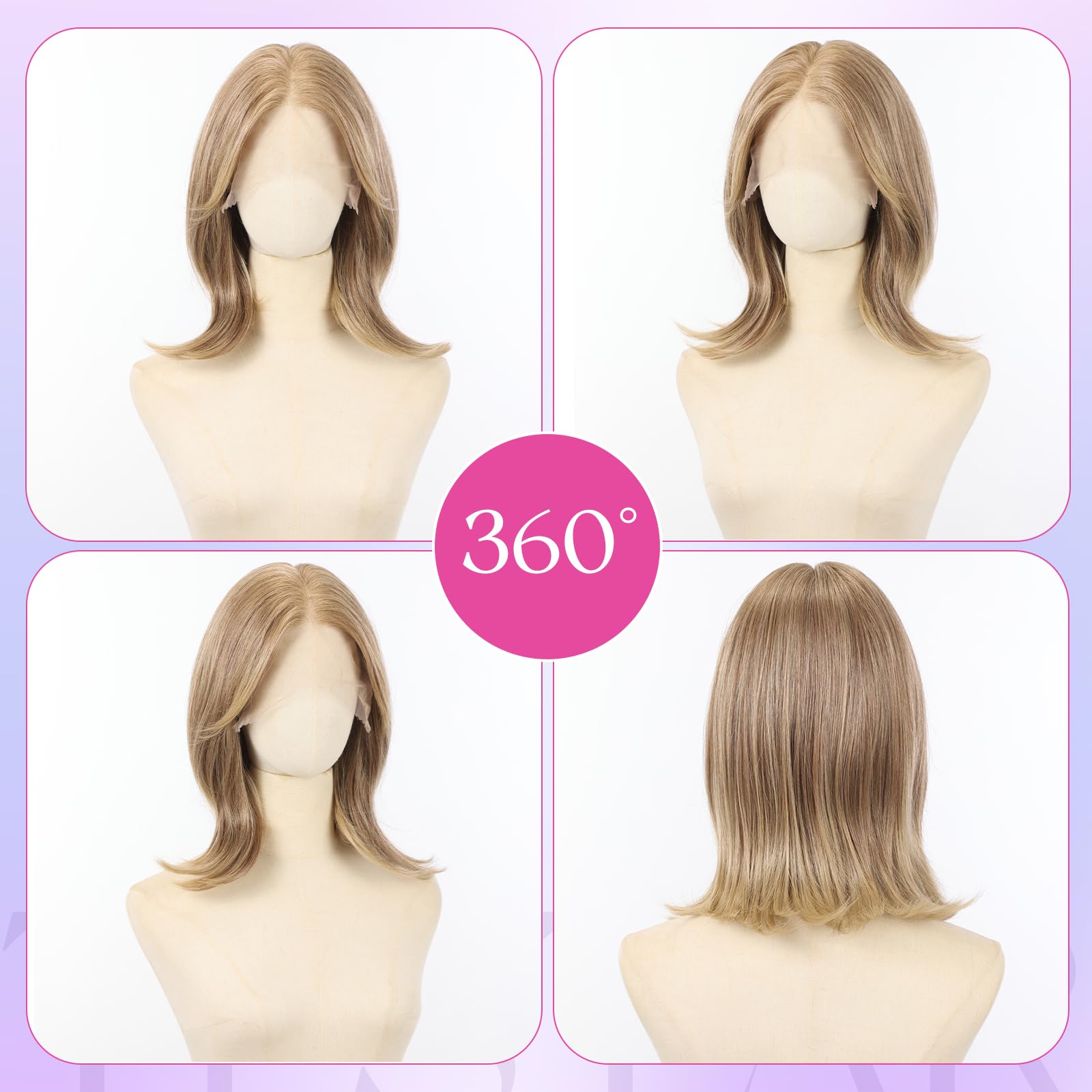 testar 13x6 Spitzenfront Perücke Braun-Blond, kurze gewellte Perücke für Damen, kleberlose Synthetikperücke aus hitzebeständiger Faser, 14 Zoll für den täglichen Gebrauch