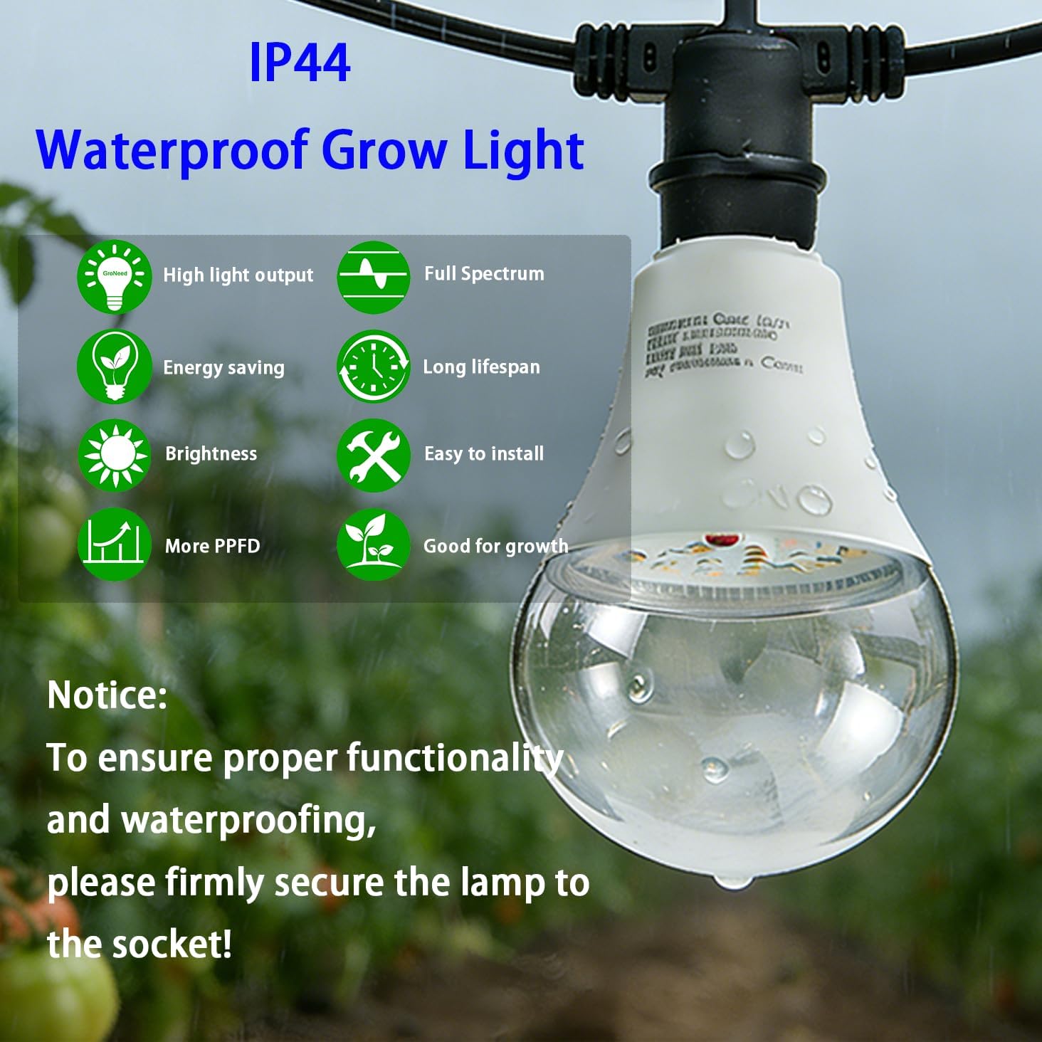 LED Grow Light String Bulb A25 Bulb, Full Spectrum Growing Lamp Bulbs E26 Base, 15W 130W Equivalent, Outdoor and Indoor Plants, Seed Starting (3 Bulbs 45W (12FT))