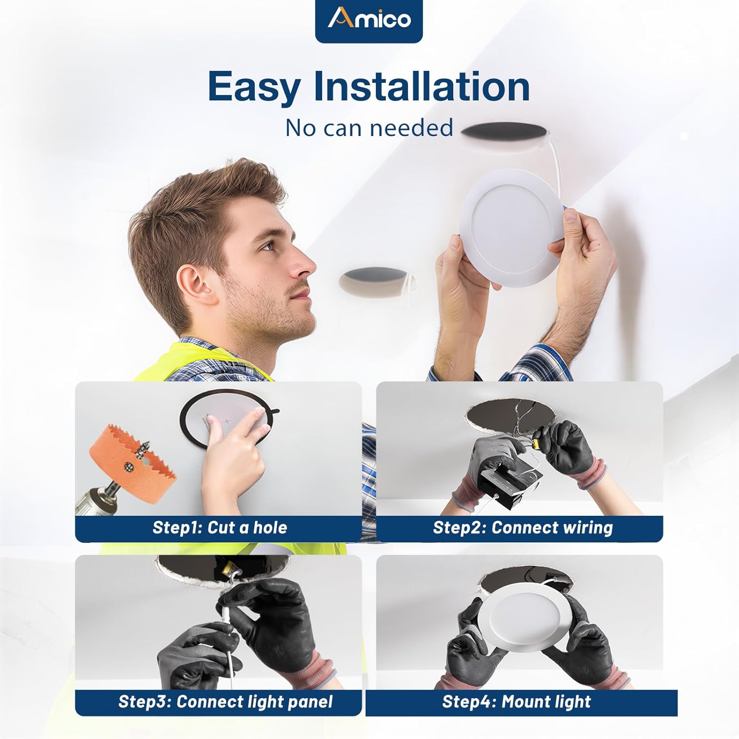 Amico 24 Pack 6 Inch 5CCT Ultra-Thin LED Recessed Ceiling Light with Drawer-Style Sliding Junction Box, 950LM Brightness, Dimmable Canless Wafer Downlight, 12W, ETL&FCC