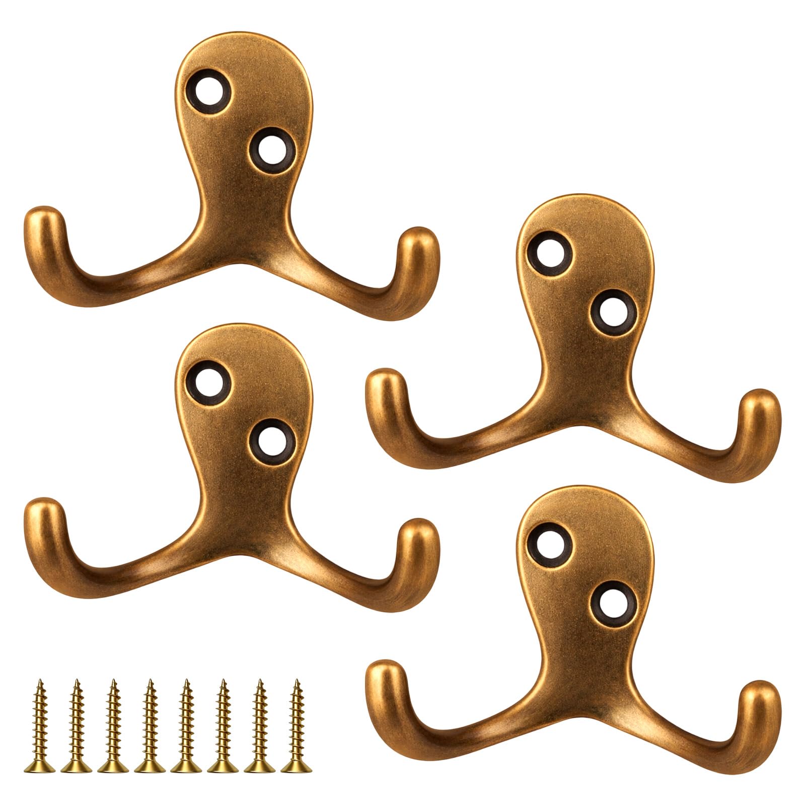 4PCS Antique Brass Double Coat Hooks, Heavy Duty Metal Hooks with Screws Door Wall Robe Dress Garment Hangers Brass Hooks Gold Coat Hooks for Hanging Coats Towels and Hats Bathroom Bedroom Office