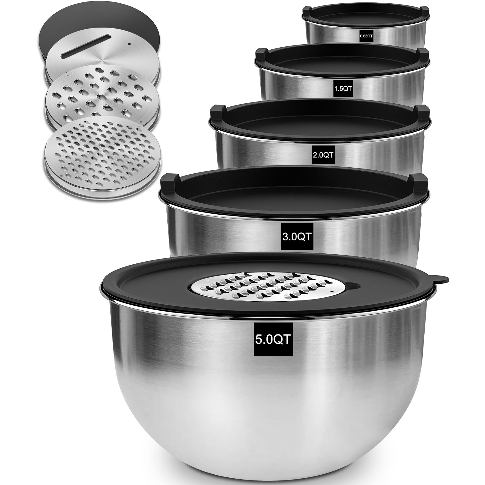 Terlulu Lot de 5 saladiers en acier inoxydable avec couvercle, 4,7 l/2,8 l/1,9 l/1,4 l/0,6 l, pour cuisine/pâtisserie/rangement, empilables et passent au lave-vaisselle, avec râpe
