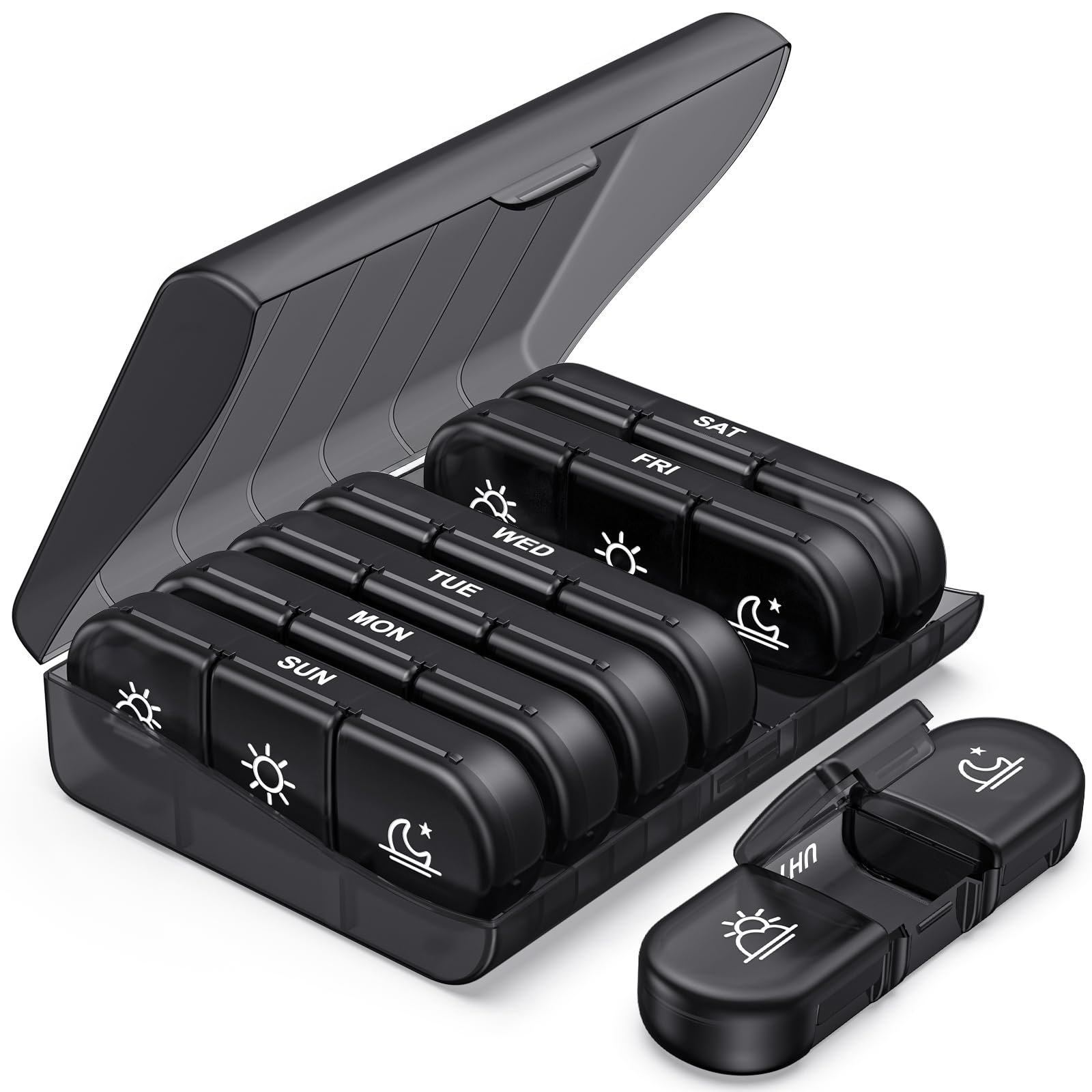 PULIV Weekly Pill Organizer 3 Times a Day, Portable Travel Pill Box 7 Day with Large Pill Containers, Light-Proof Pill Case for Vitamins, Medication, Supplements and Fish Oils (Black)
