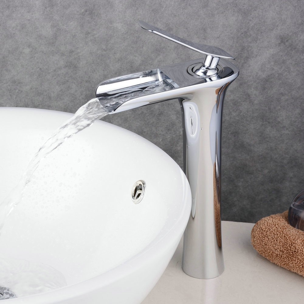 Beelee Waschtischarmatur Wasserfall Design, hoch Einhebel Waschbecken Wasserhahn mit Silber Farbe und Messing Material, Oberflächenbehandlungen Verchromung