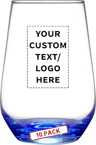 DISCOUNT PROMOS Juego de copas de vino de Silicia de 10 vasos sin tallo, 16 onzas, texto personalizado, logotipo, transparente, similar a un orbe,