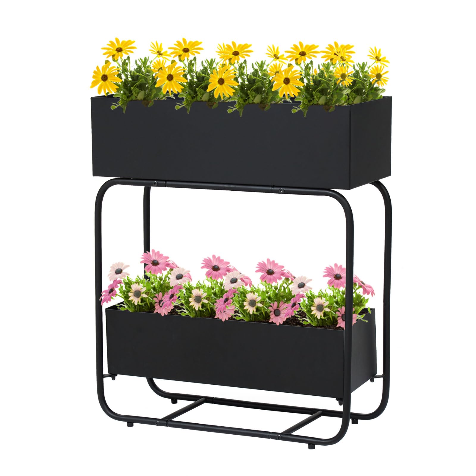 Raised Garden Bed - 2 Tier Elevated Planter Box with Drain Holes, Heavy Duty Metal Planter Box Stand for Backyard, Patio, Balcony, Black