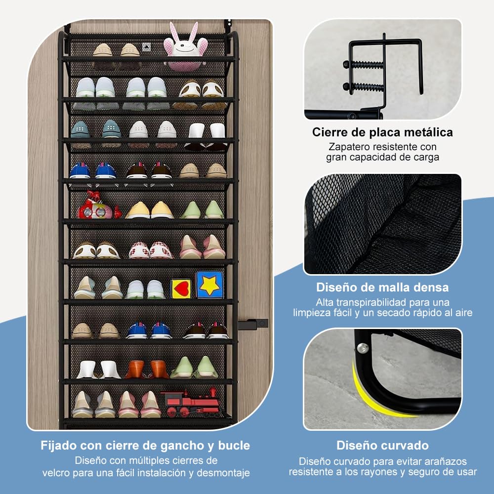 Organizador de Zapatos Colgante para Puerta de 10 Niveles, Negro, Marco de Acero con Malla, 54.5x21x159cm, Ahorro de Espacio, Multiusos (Negro, 54x21x159 CM)