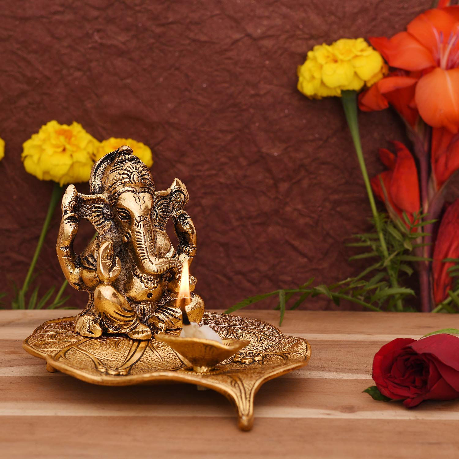 Collectible India Aluminium Ganesh with Diya Idol, Medium, Gold, Paper 3